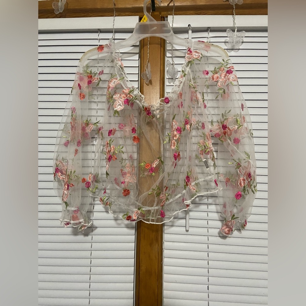 SHEIN Sheer Blouse with Pink and Green Floral Embroidery